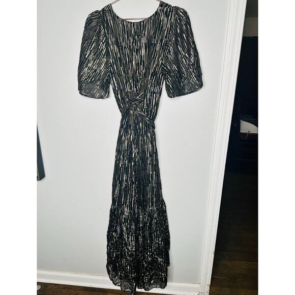 BA&SH Black Gold Metallic V-Neckline Nixon Short Sleeve Maxi Dress Size US 6 - Picture 10 of 16